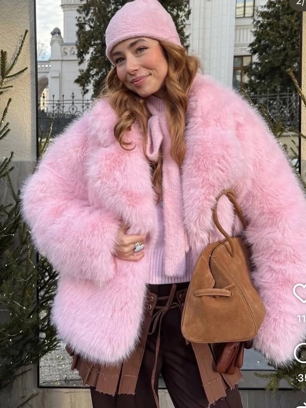 Women's Plush Faux Fur Pink Coat - Cozy Fashion Jacket